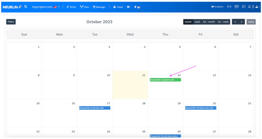 neuronwriter review: content calendar screenshot