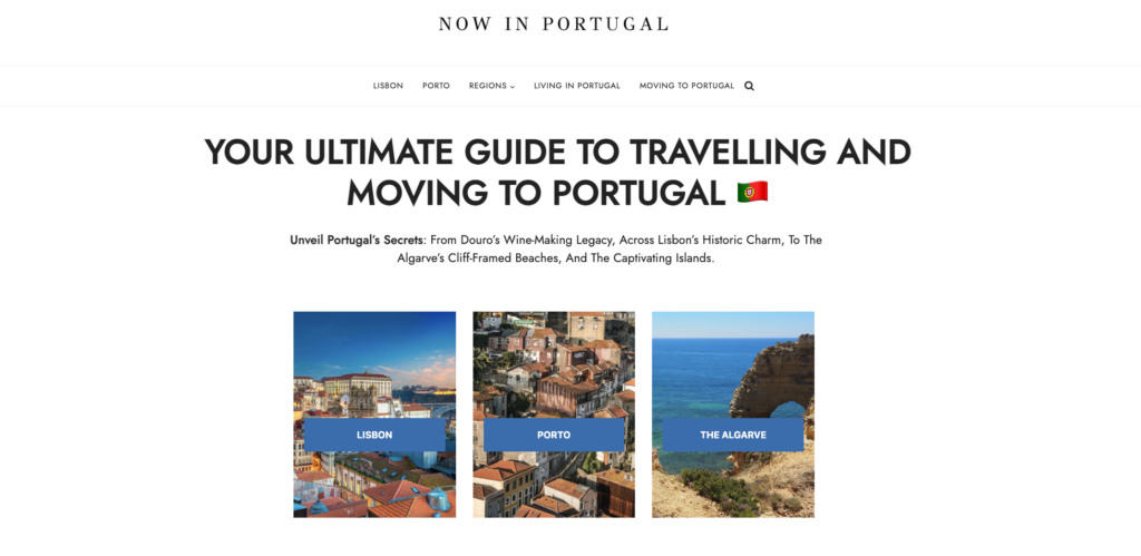 Screenshot of Now in Portugal website