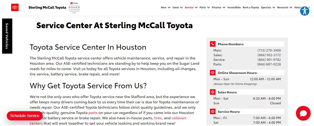 The service page of a dealership website.
