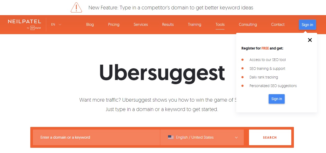 Ubersuggest landing page