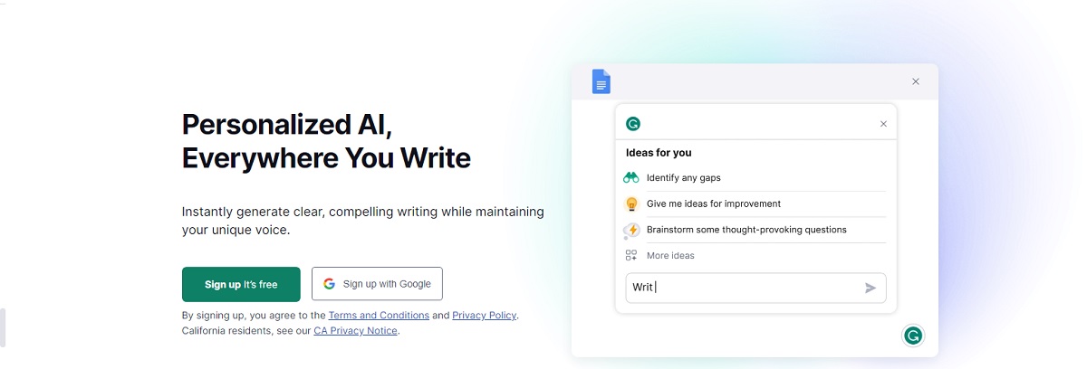 grammarly landing page.