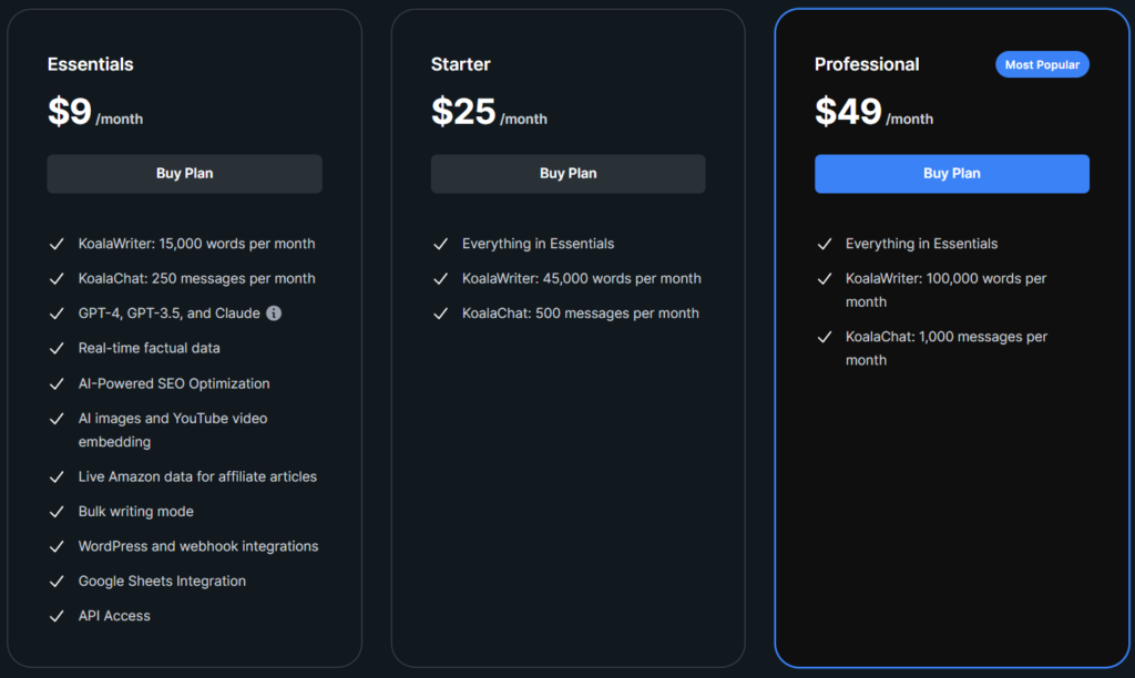 koalawriter ai tool pricing page screenshot