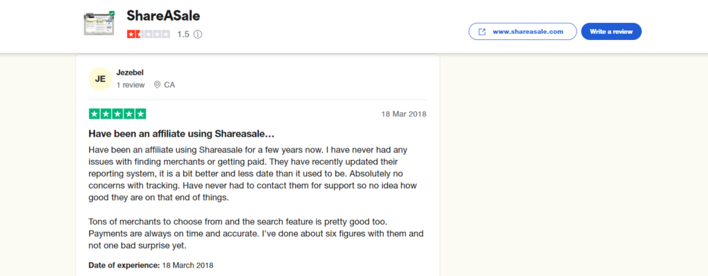 positive review for Shareasale