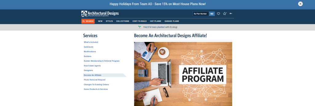 real estate affiliate marketing - architectural designs homepage screenshot
