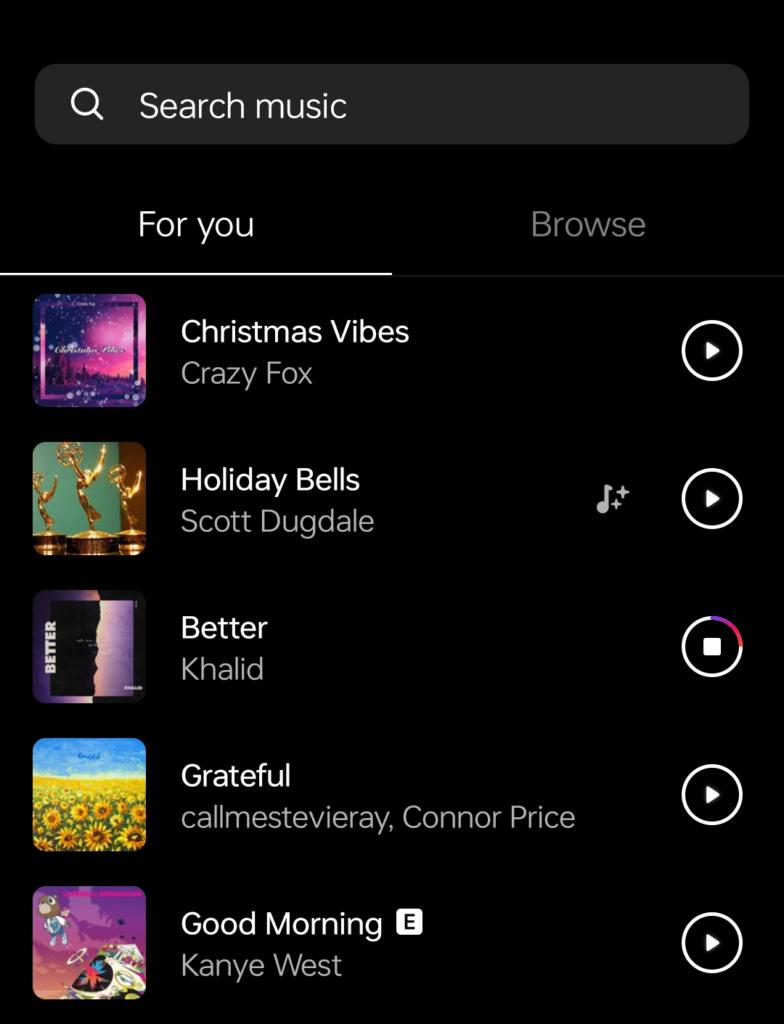 Instagram notes music selection