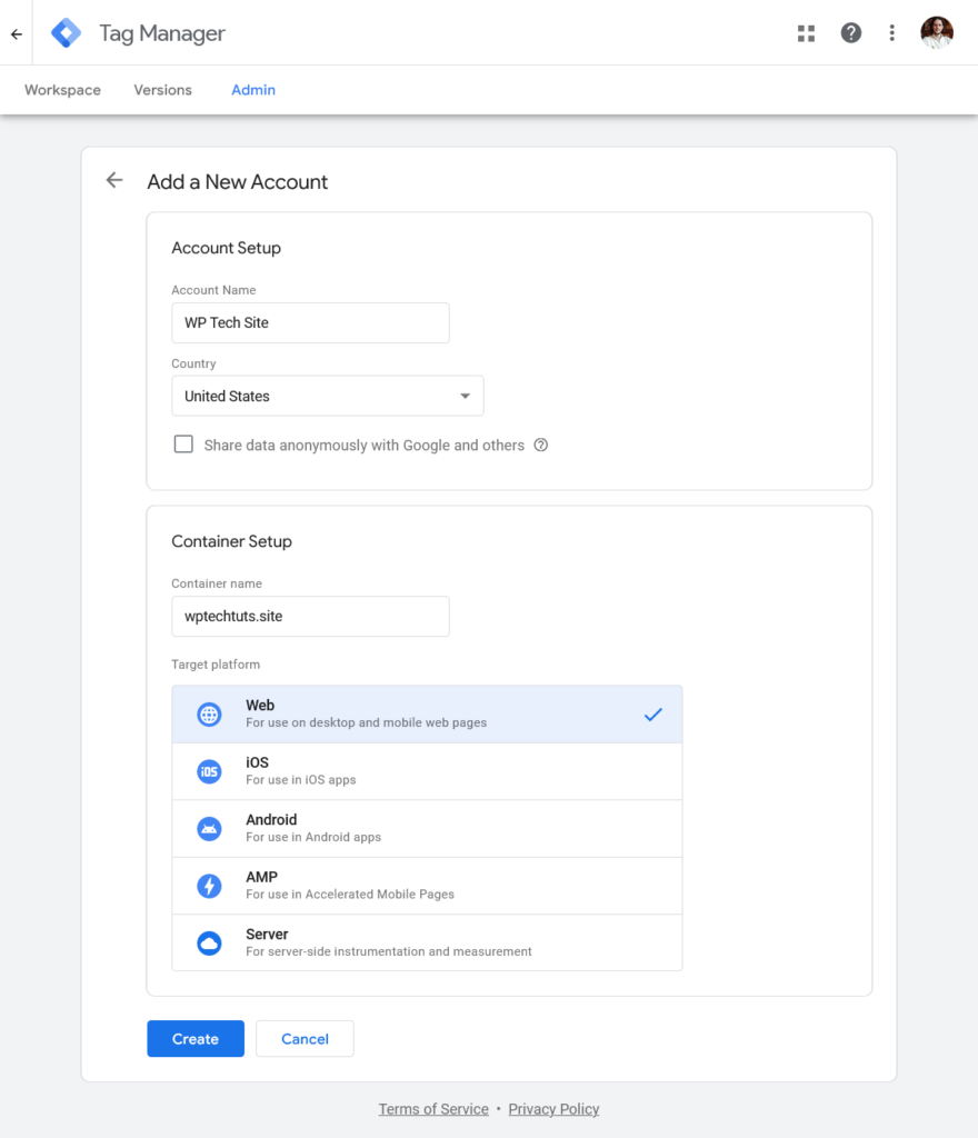 create tag manager account
