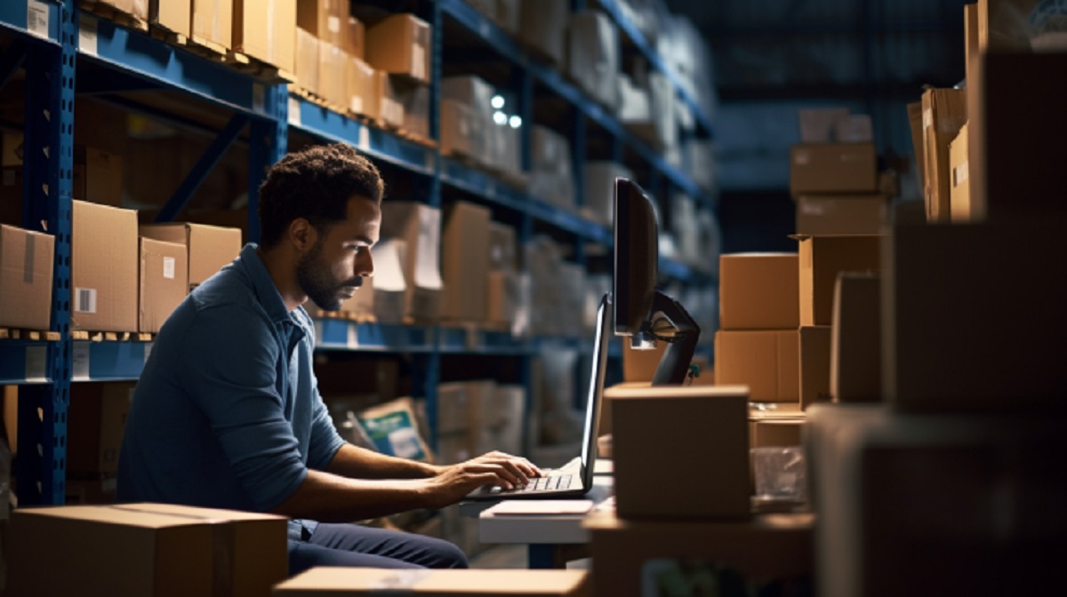 Man checking prices on PC while sitting at a desk in a packed warehouse full of boxes