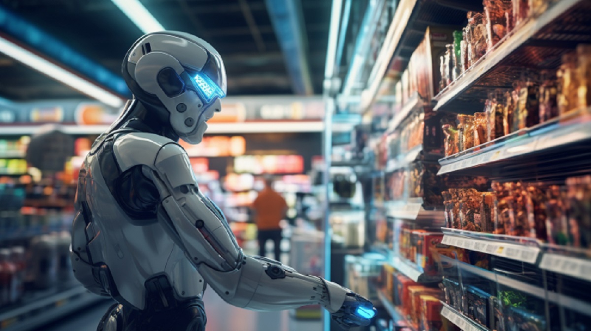 Robot checking product prices in supermarket