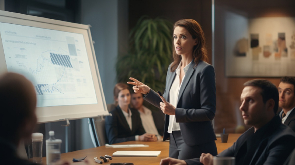 Woman doing a presentation to colleagues sitting around a table in a boardroom.