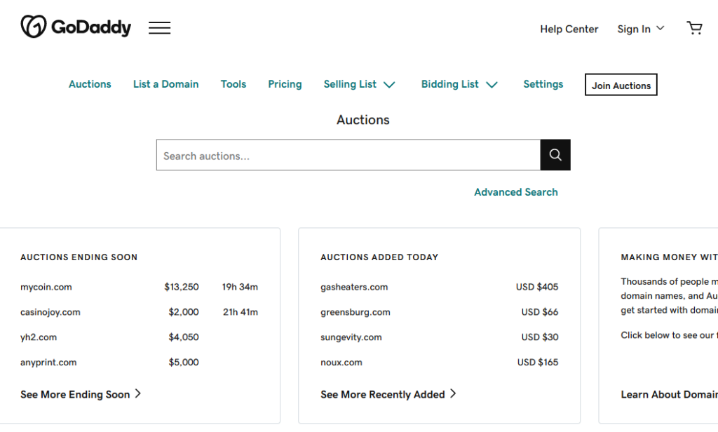 Find expired domains on GoDaddy auctions