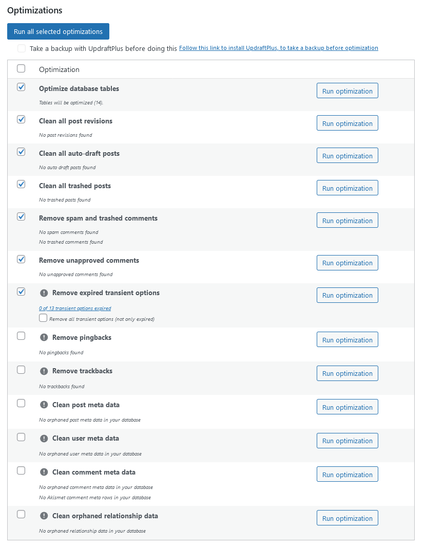 WP Optimize Database Settings