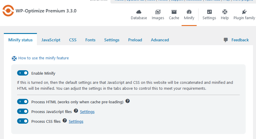WP Optimize Minification Settings