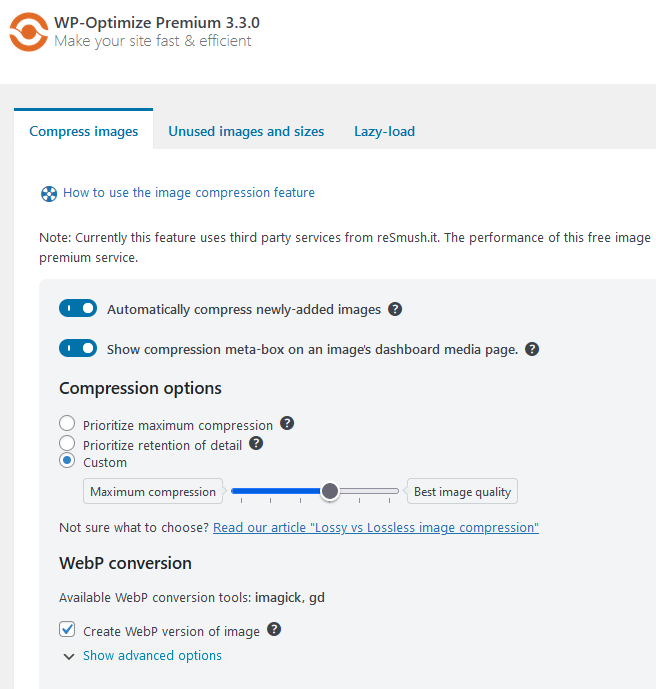 WP Optimize Compression Settings