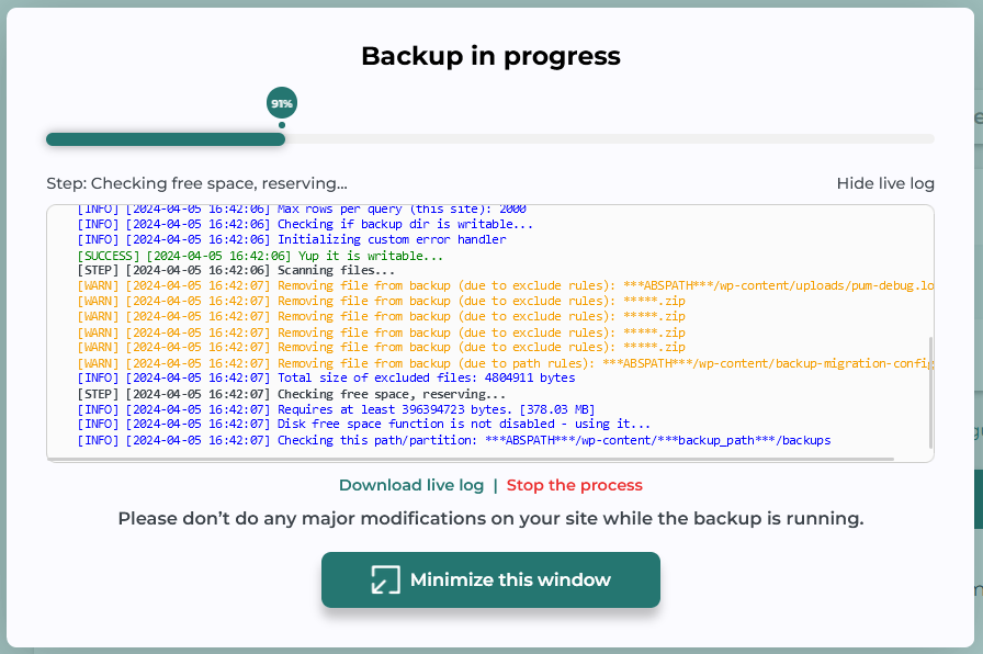 WordPress migration backup process