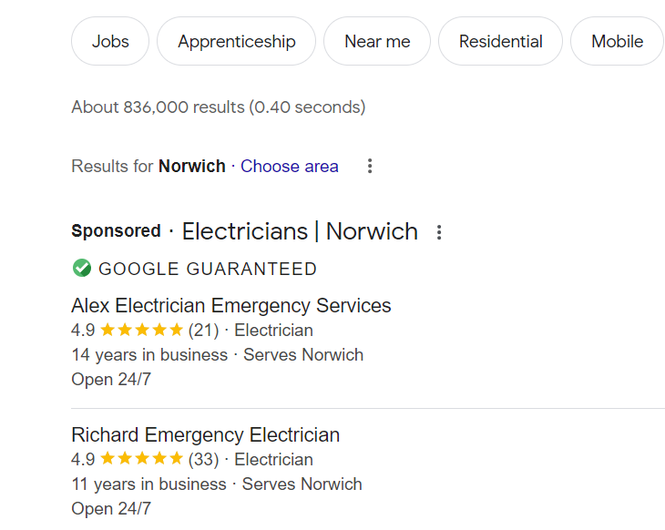 Google map electrician advert