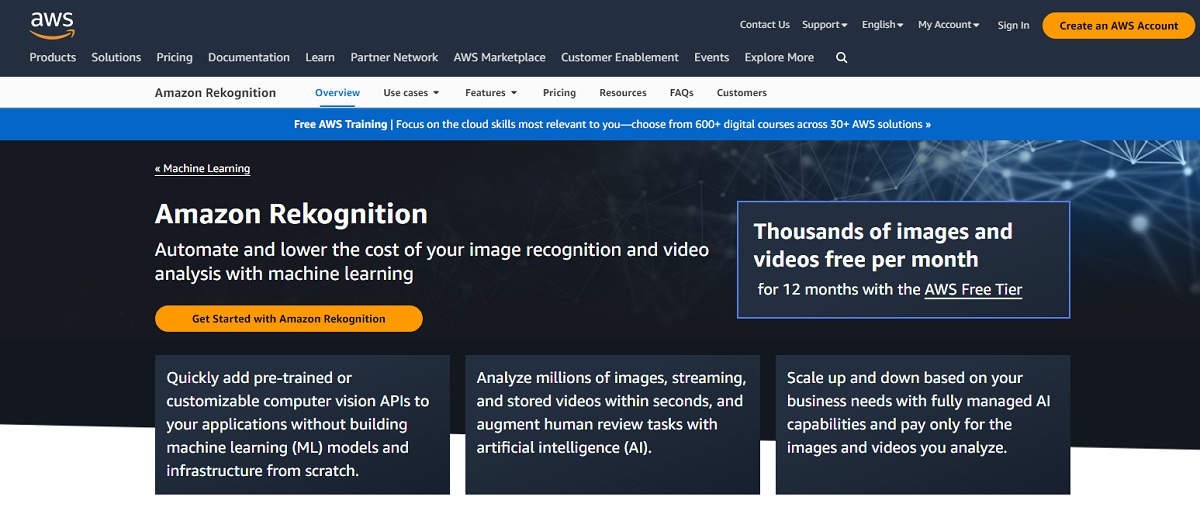 Amazon Rekognition landing page.