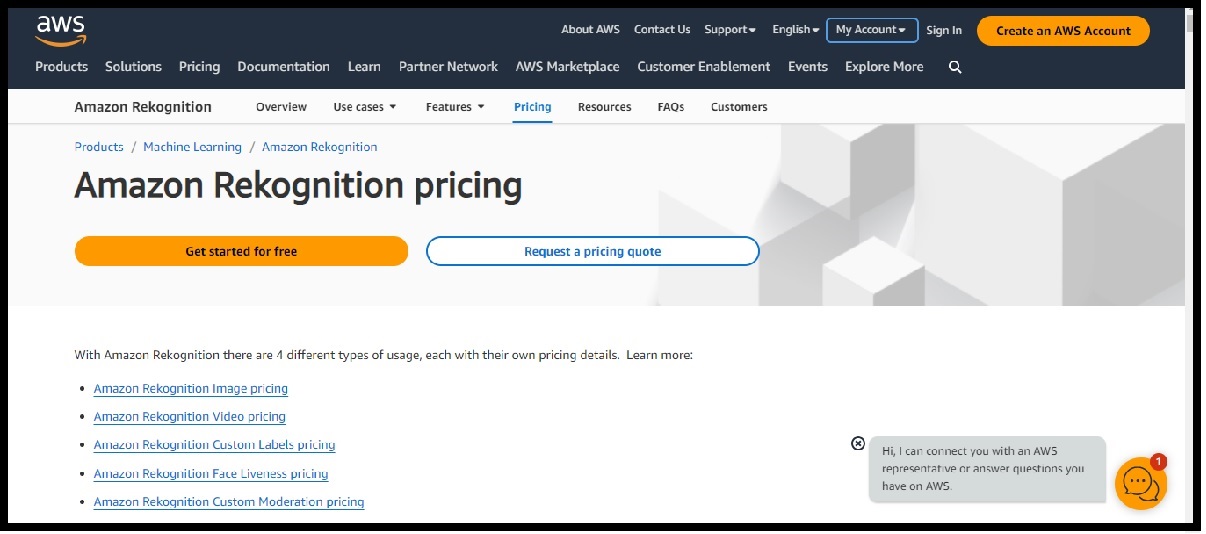 Amazon Rekognition pricing.